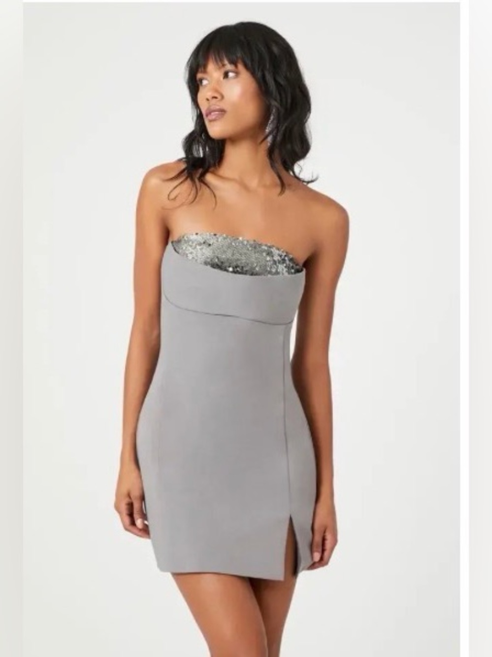 Forever 21 Grey Strapless Bodycon Dress with Silver Sequin Trim